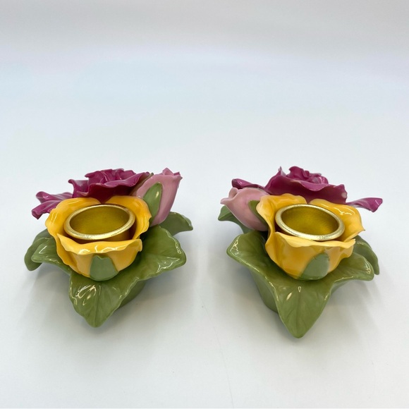 Set of 2 Royal Albert Old Country Roses Pink Yellow Sculpted Taper Candle Holder - Picture 5 of 16